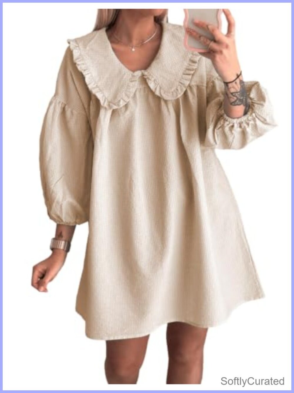 Women's Gingham Mini Dress 3/4 Puff Sleeve Babydoll Doll Collar